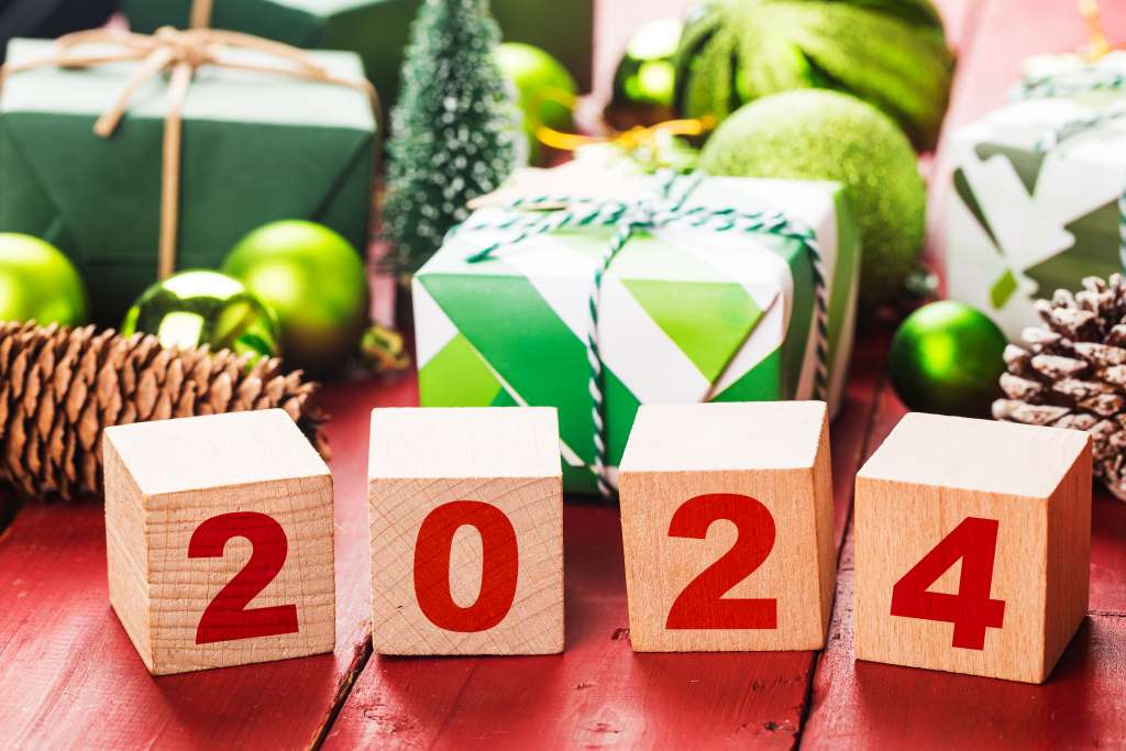 Happy New Year 2024, Christmas 2024, Christmas Gifts Placed In A